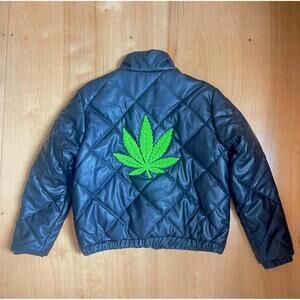 Custom Quilted Faux Leather Jacket with Back Weed Leaf Patch Women M Black Green